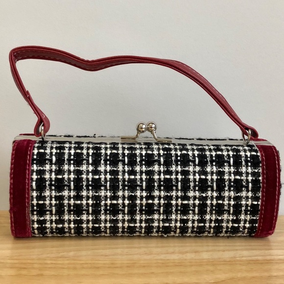 Tweed velvet bow bag purse retro kisslock style black white burgundy diamantés - Picture 2 of 6
